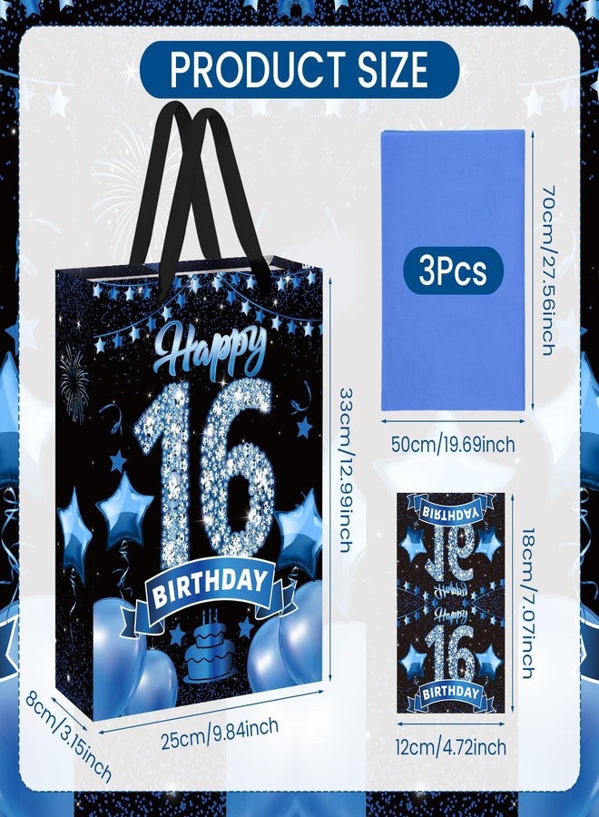 Yoirrat Blue and Black 16th Birthday Gift Bag with Tissue Paper and Greeting Card Happy 16th Birthday Gift Wrapping Paper Bag Blue 16 Kraft Gift Bag for Boys and Girls Sixteen Bday Party Decoration Supplies - Image 2